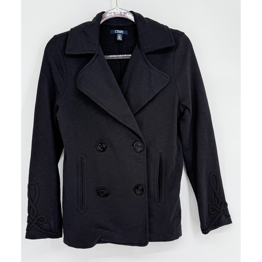 Chaps Womens Black Cotton Knit Double Breasted Pea Coat Jacket Embroidery Sz S